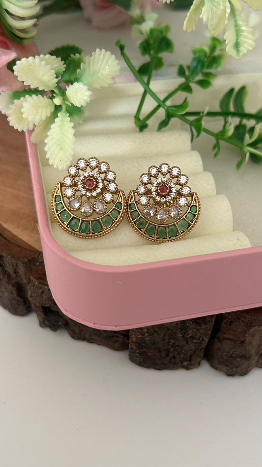 Traditional Chandbali Earrings with Emerald Green, Ruby Kemp & White CZ Stones – Pushback for Women