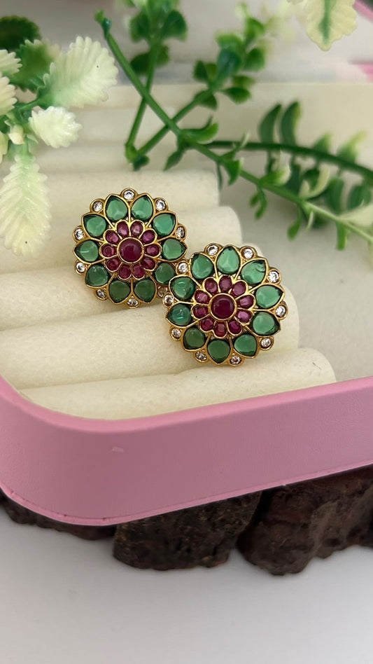 Green & Ruby Kemp Stone Lotus Floral Stud Earrings with Pushback for Women