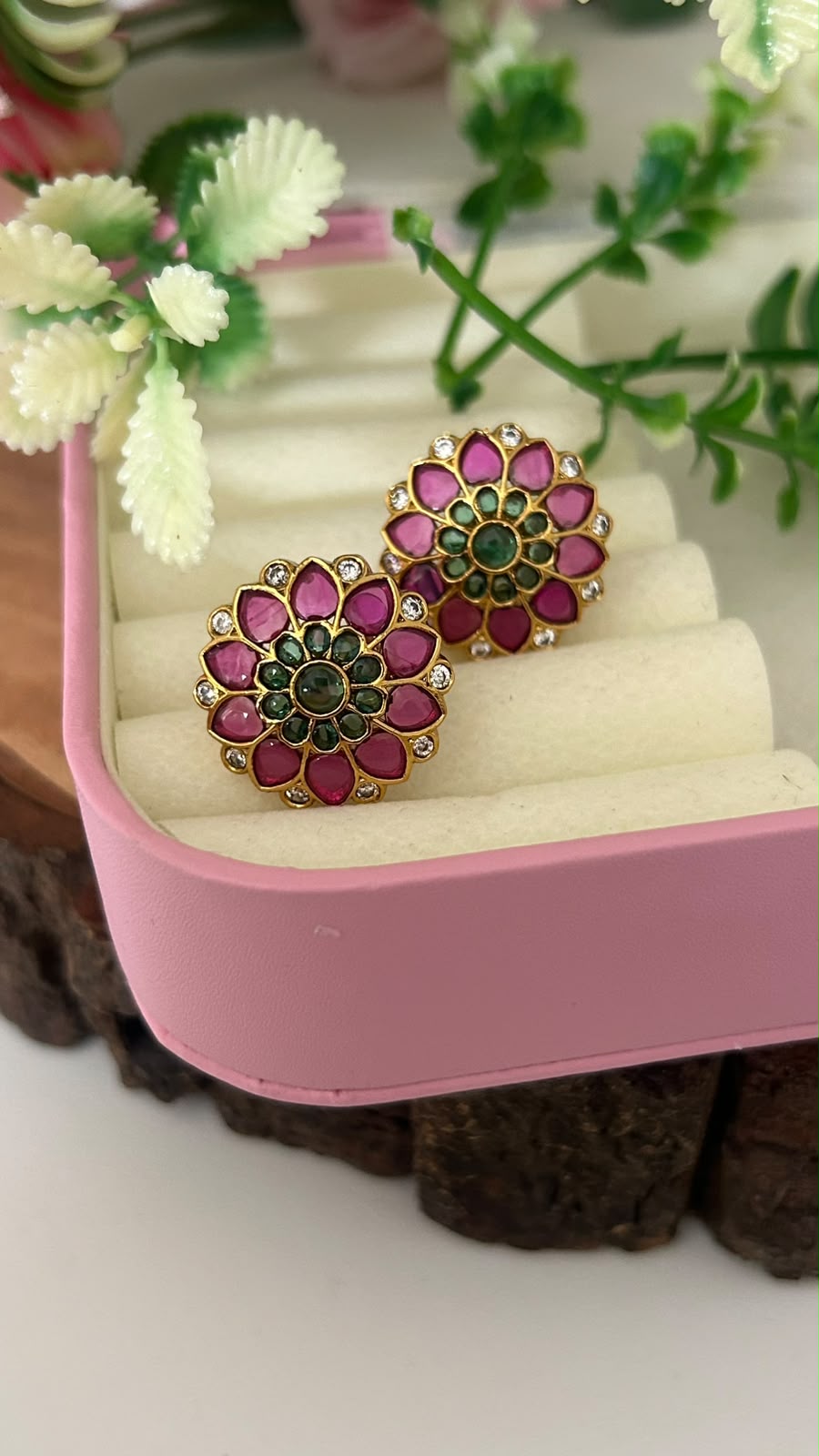 Ruby Pink & Emerald Green Kemp Stone Lotus Floral Stud Earrings with White CZ Accents – Pushback for Women