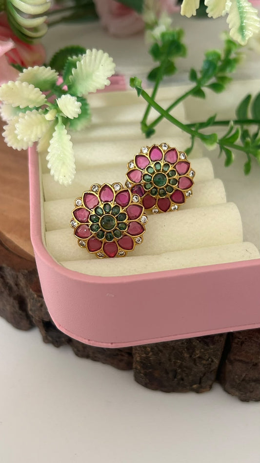 Ruby Pink & Emerald Green Kemp Stone Lotus Floral Stud Earrings with White CZ Accents – Pushback for Women