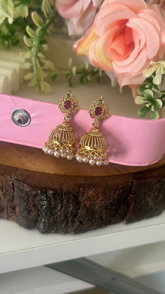 Elegant Temple Style Ruby Stone Filigree Jhumka Earrings with Pearl Hangings – Screw Back