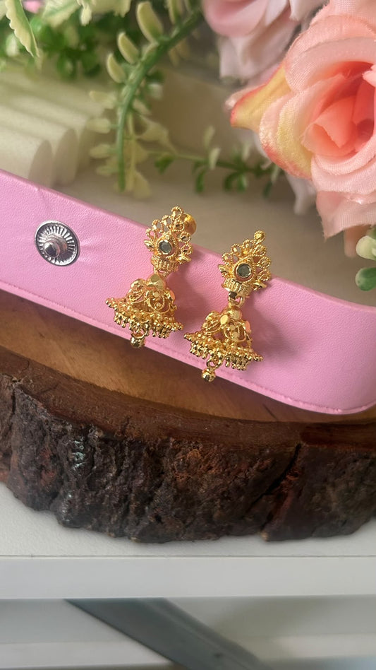 Royal Emerald Green Stone Floral Filigree Jhumka Earrings with Ghungroo Drops – Screw Back