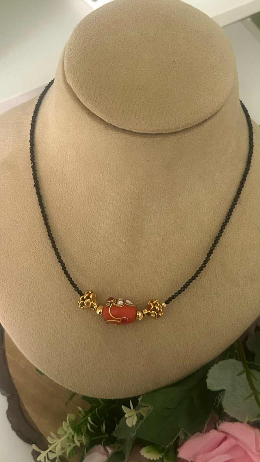 Elegant Invisible Black Beads Mangalsutra with Red Enamel Bead & Gold Tone Designer Accents for Women