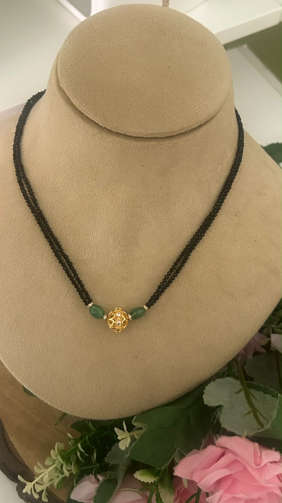 Elegant Double Line Black Beads Mangalsutra with Green Strawberry Beads & Gold Tone AD Stone Ball Pendant for Women