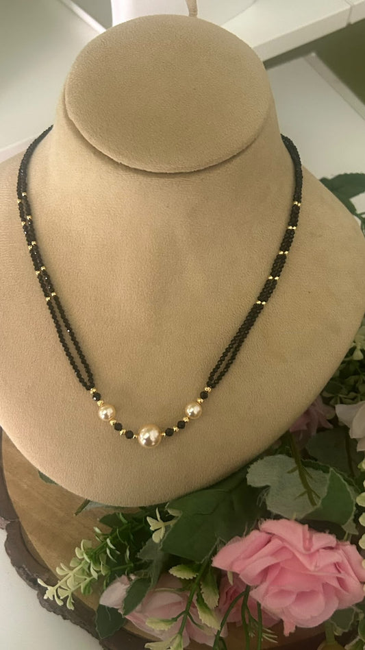 Elegant Double Line Black Beads Mangalsutra with Pearl Beads & Gold Tone Accents for Women