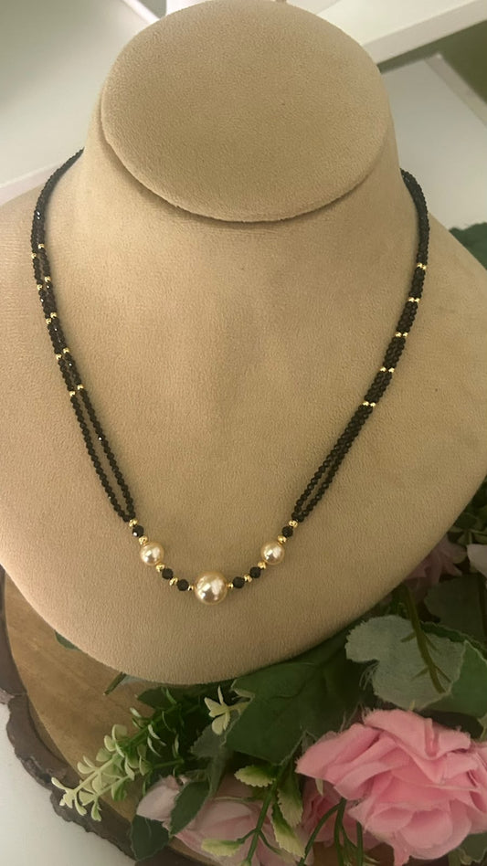 Elegant Double Line Black Beads Mangalsutra with Pearl Beads & Gold Tone Accents for Women
