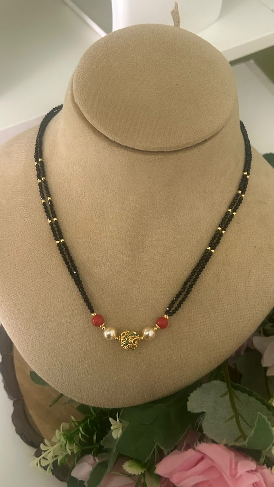 Elegant Double Line Black Beads Mangalsutra with Red Beads, Pearls & Gold Tone Designer Filigree Ball for Women
