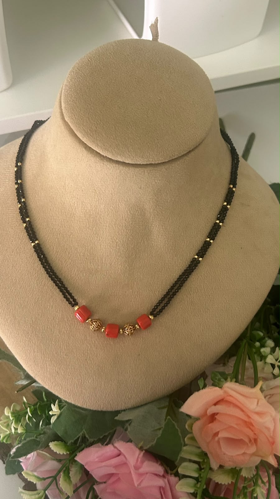 Trendy Double Line Black Beads Mangalsutra with Red Coral Style Beads & Antique Gold Tone Designer Balls for Women
