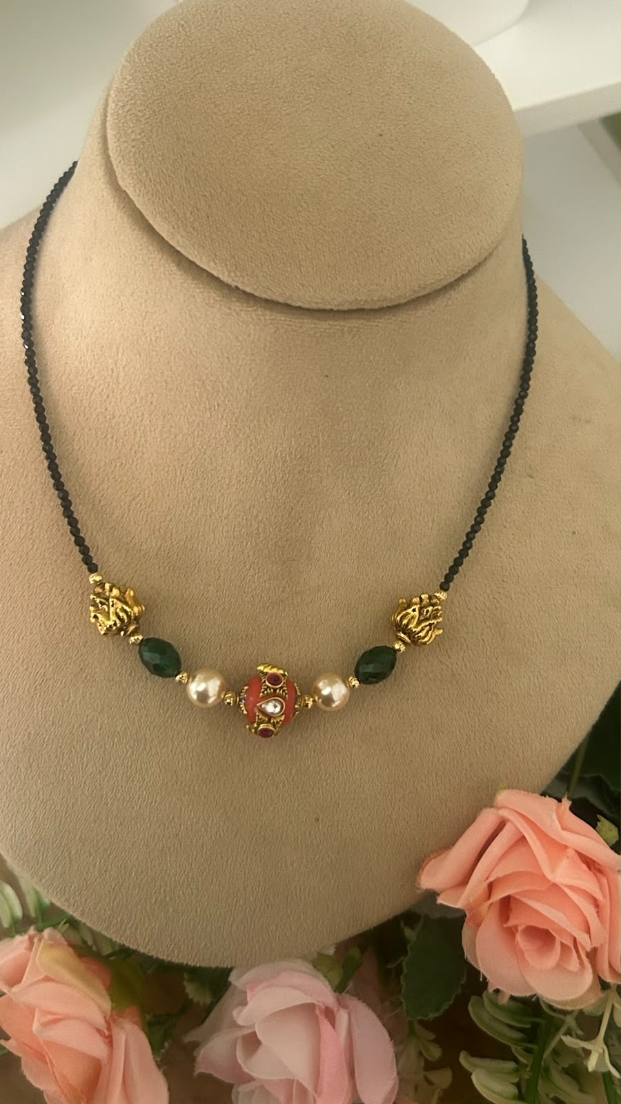 Elegant Invisible Black Beads Mangalsutra with Red Enamel Bead, Green Stones, Pearls & Antique Gold Tone Designer Accents for Women