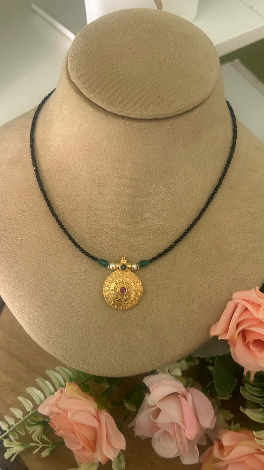 Elegant Invisible Black Beads Mangalsutra with Traditional Panchaloham Round Dollar Pendant, Green Beads & Ruby Stone Accents for Women