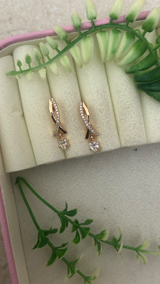 Elegant Curved Leaf Design White CZ Stone Gold Finish Bali Earrings with Dangling Solitaire – Trendy Daily Wear