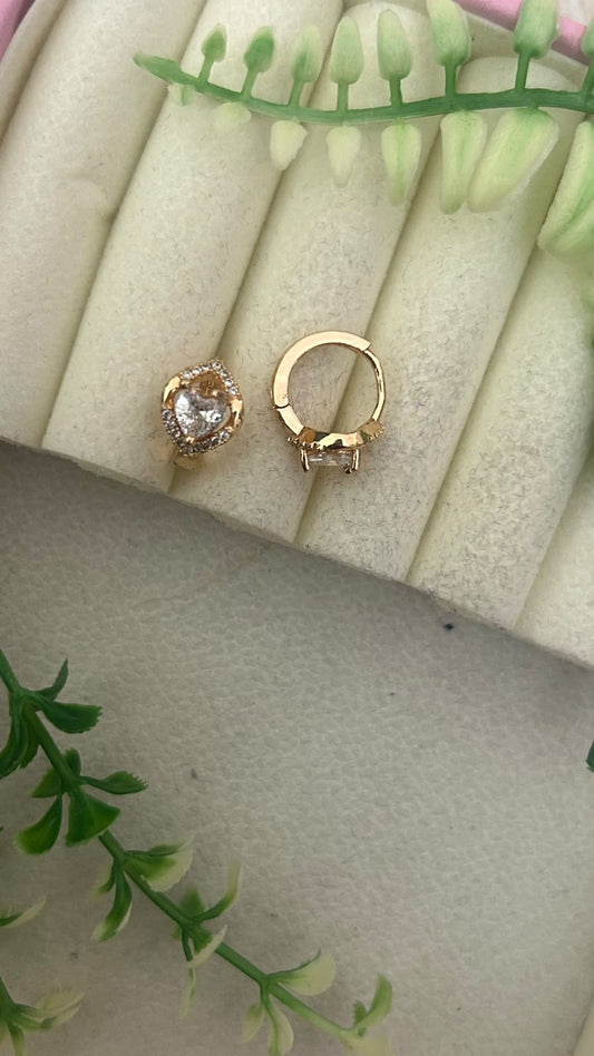 Elegant Heart Shape Solitaire White CZ Stone Gold Finish Mini Bali Hoop Earrings for Women – Trendy Daily Wear