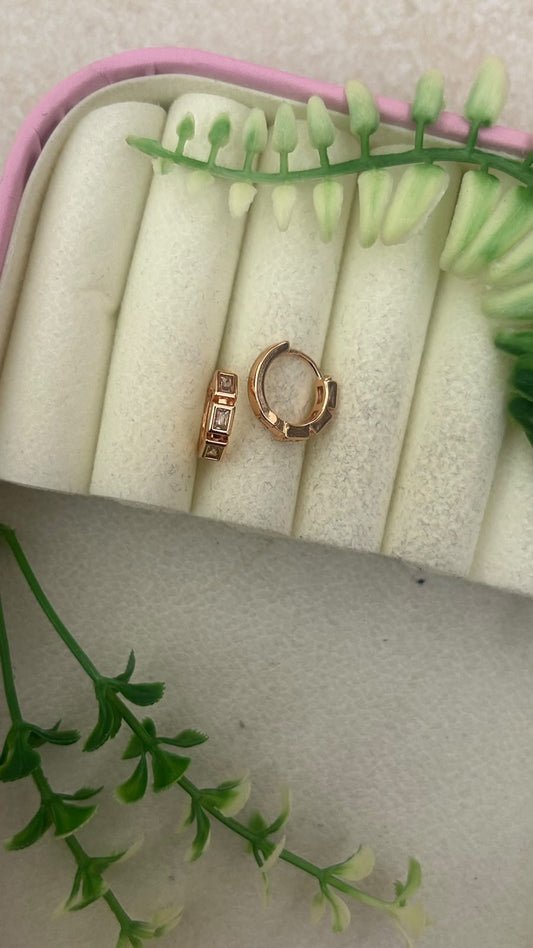 Elegant Triple Square Cut White CZ Stone Rose Gold Finish Mini Bali Hoop Earrings for Women – Trendy Daily Wear