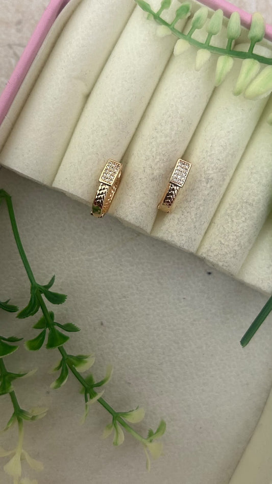 Elegant Rectangular White CZ Stone Studded Gold Finish Mini Bali Hoop Earrings for Women – Trendy Daily Wear