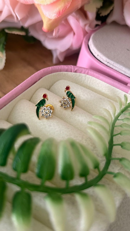 Elegant Panchaloham Green Enamel Parrot Design Stud Earrings with Ruby Red Stone & White Floral flower