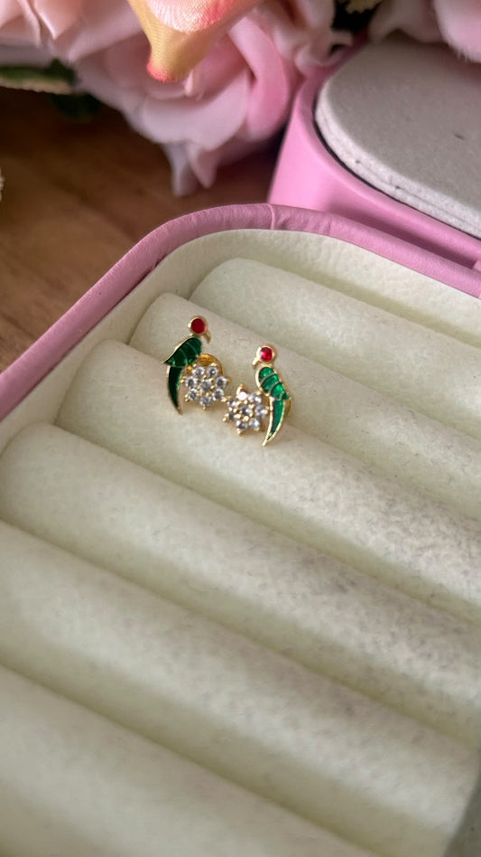 Elegant Panchaloham Green Enamel Parrot Design Stud Earrings with Ruby Red Stone & White Floral flower