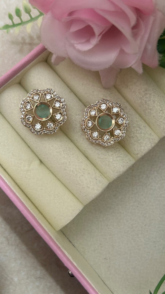 Elegant Emerald Green Stone Floral Stud Earrings in big size