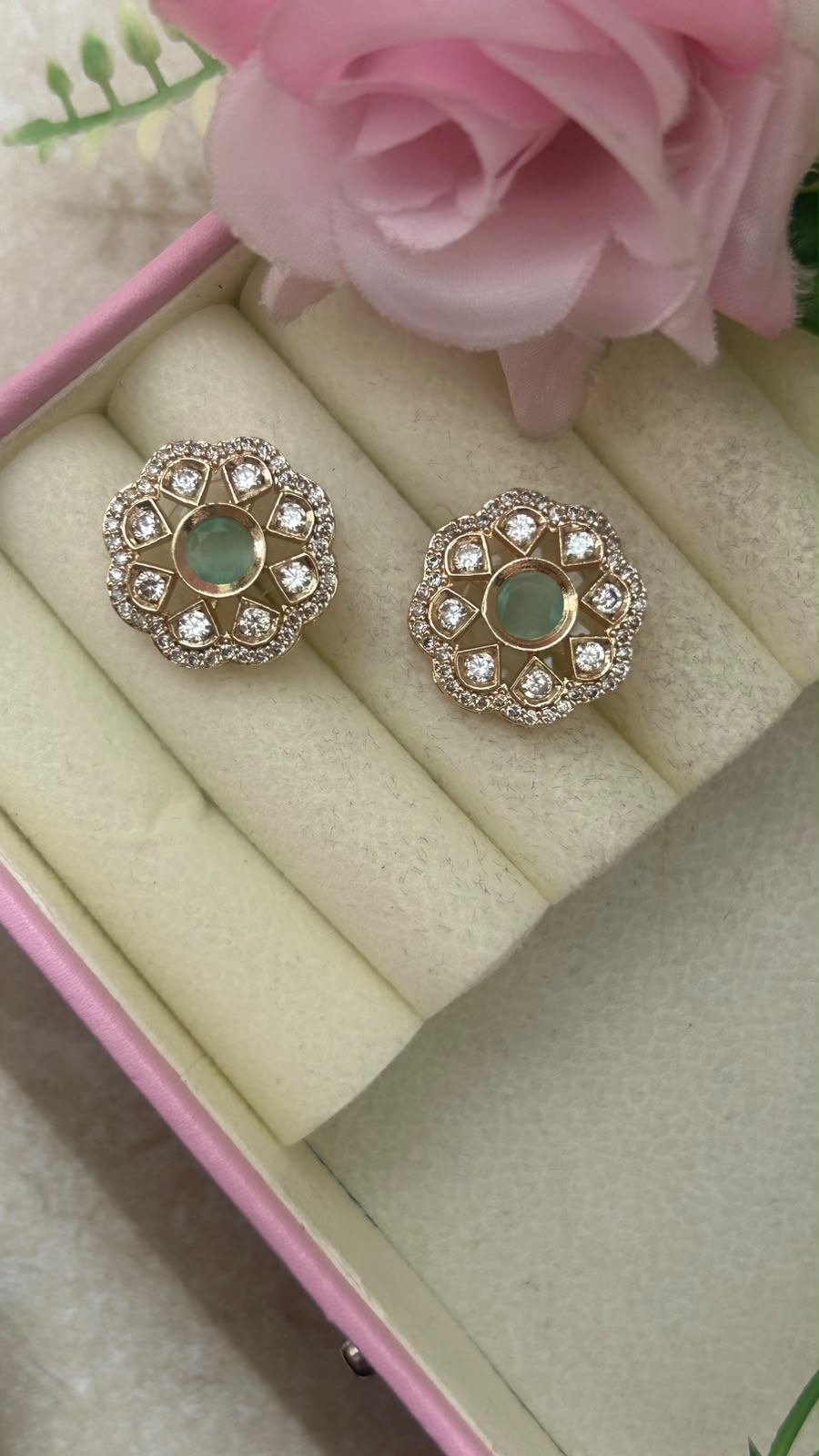 Elegant Emerald Green Stone Floral Stud Earrings in big size