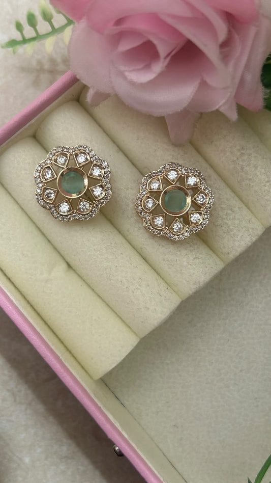 Elegant Emerald Green Stone Floral Stud Earrings in big size