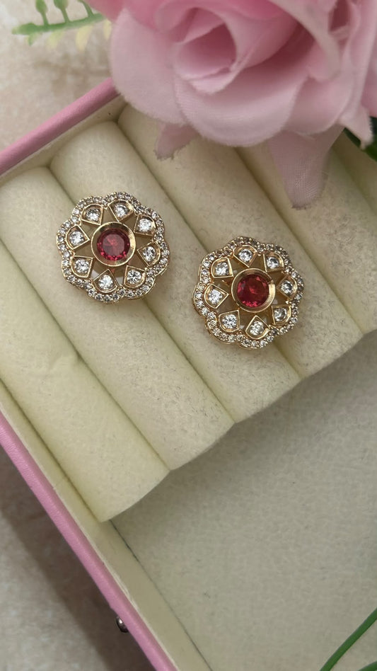 Elegant Ruby Red Stone Floral Stud Earrings in big size