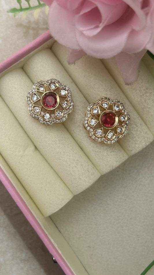 Elegant Ruby Red Stone Floral Stud Earrings in big size