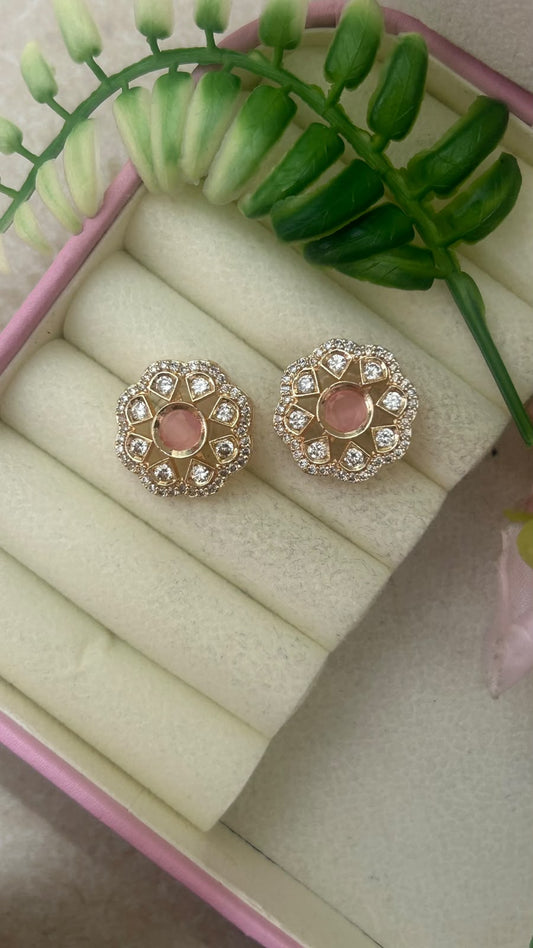 Elegant Blush Pink Stone Floral Stud Earrings in big size