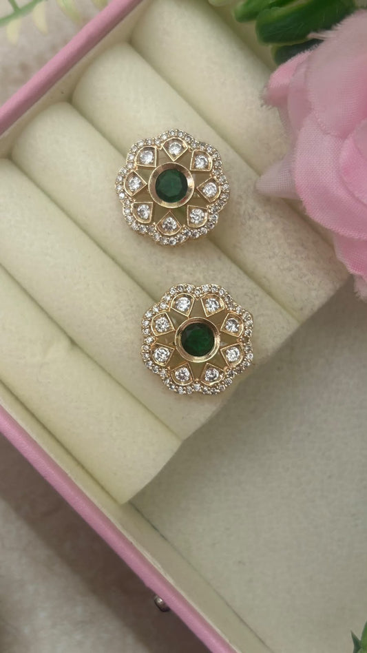 Royal Emerald Green Stone Floral Stud Earrings in big size