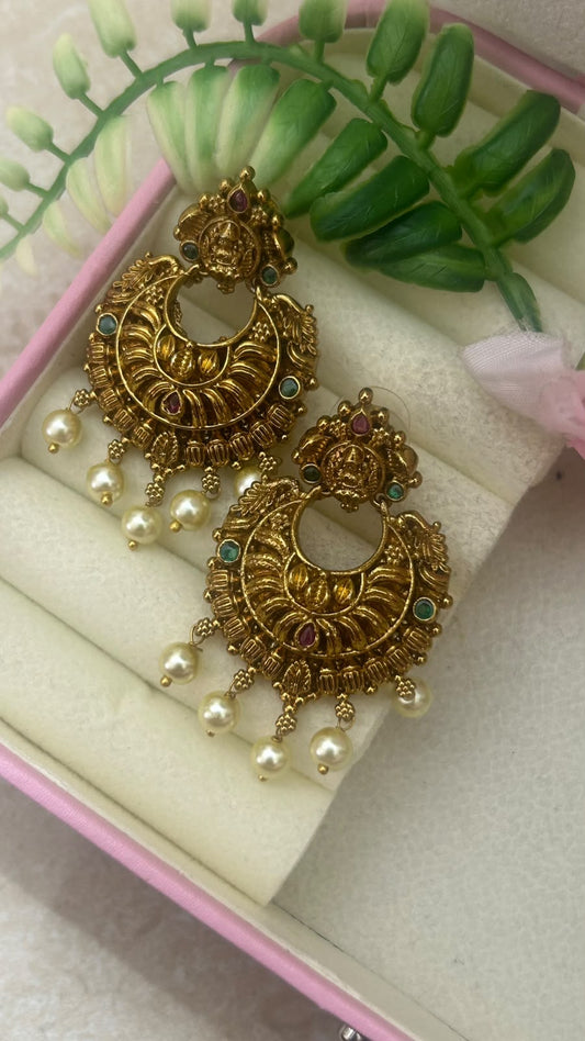 Traditional Antique Finish Lakshmi Devi Chandbali Earrings with Ruby Green Stones & Pearl Drops