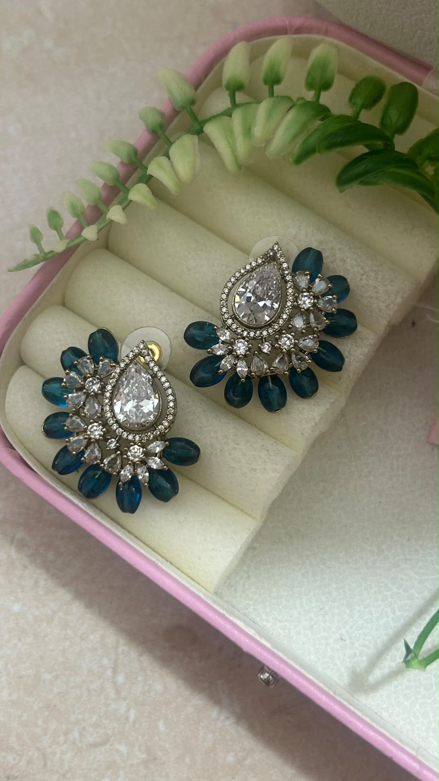 Royal Blue Beaded Teardrop Designer Stud Earrings with Crystal Stone Work in big size