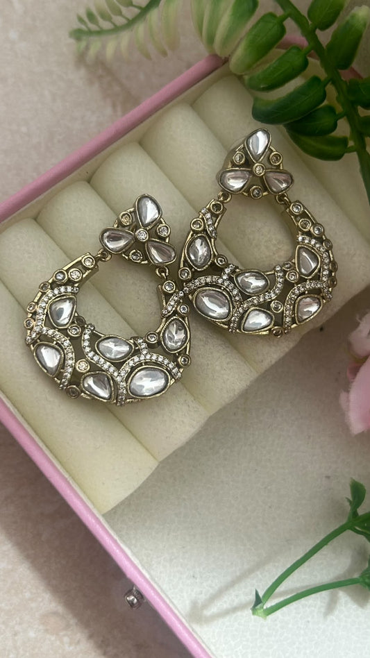 Royal Kundan Polki Stone Oversized Chandbali Earrings