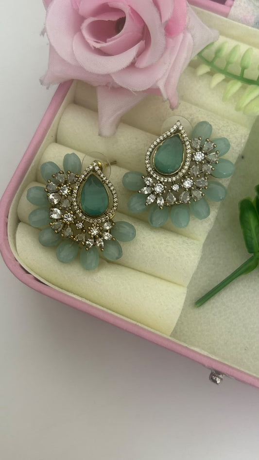 Elegant Mint Green Teardrop Stone Designer Stud Earrings with Sea Green Bead Drops in big size