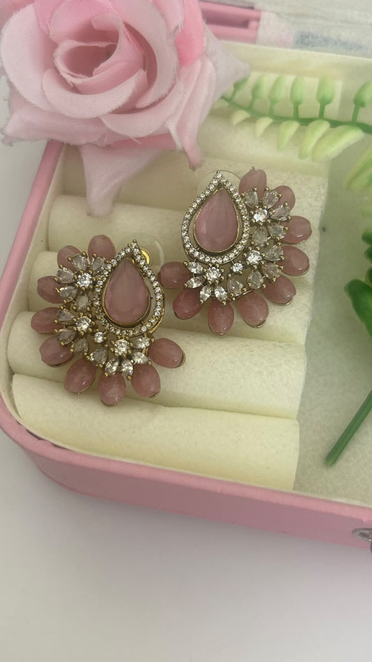 Elegant Blush Pink Teardrop Stone Designer Stud Earrings with Rose Pink Bead Drops in big size