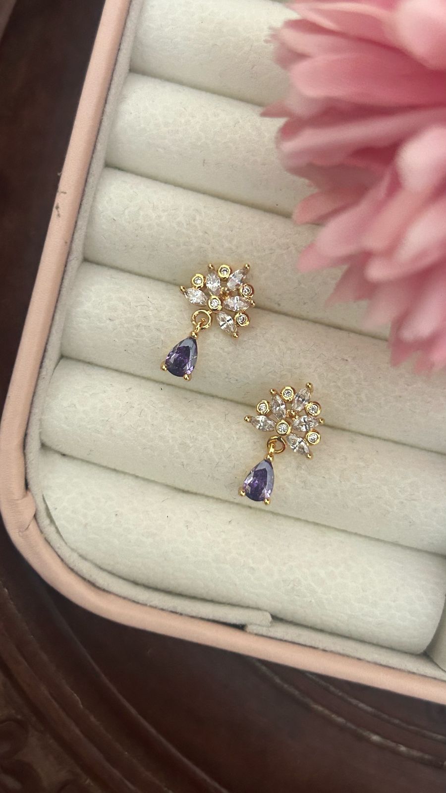 Floral Drop Earrings with Teardrop Stone – Gold Plated Party Wear Jewelry for Women