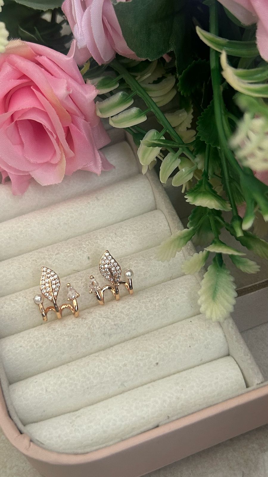 Leaf Vine Asymmetrical Stud Earrings – Gold-Plated Crystal & Pearl Design