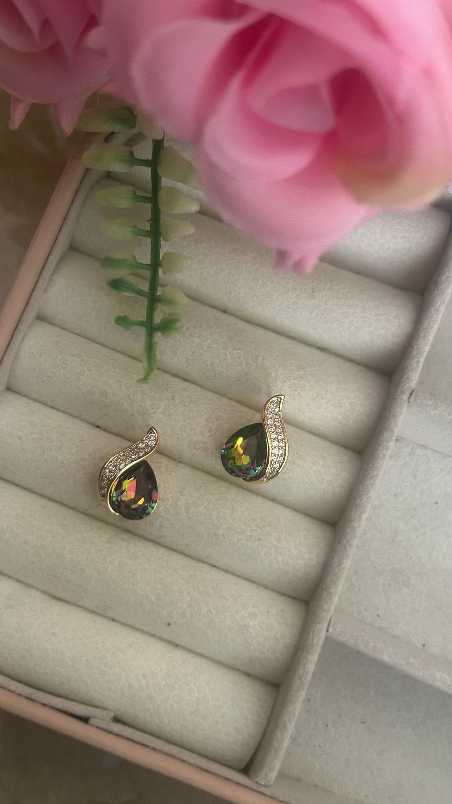 Amethyst Flame Drops – Teardrop Crystal Earrings with Gold Curve Accent