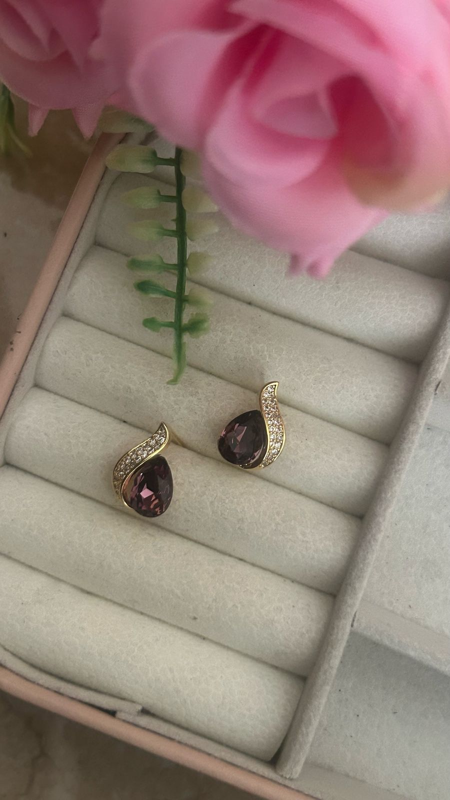 Amethyst Flame Drops – Teardrop Crystal Earrings with Gold Curve Accent