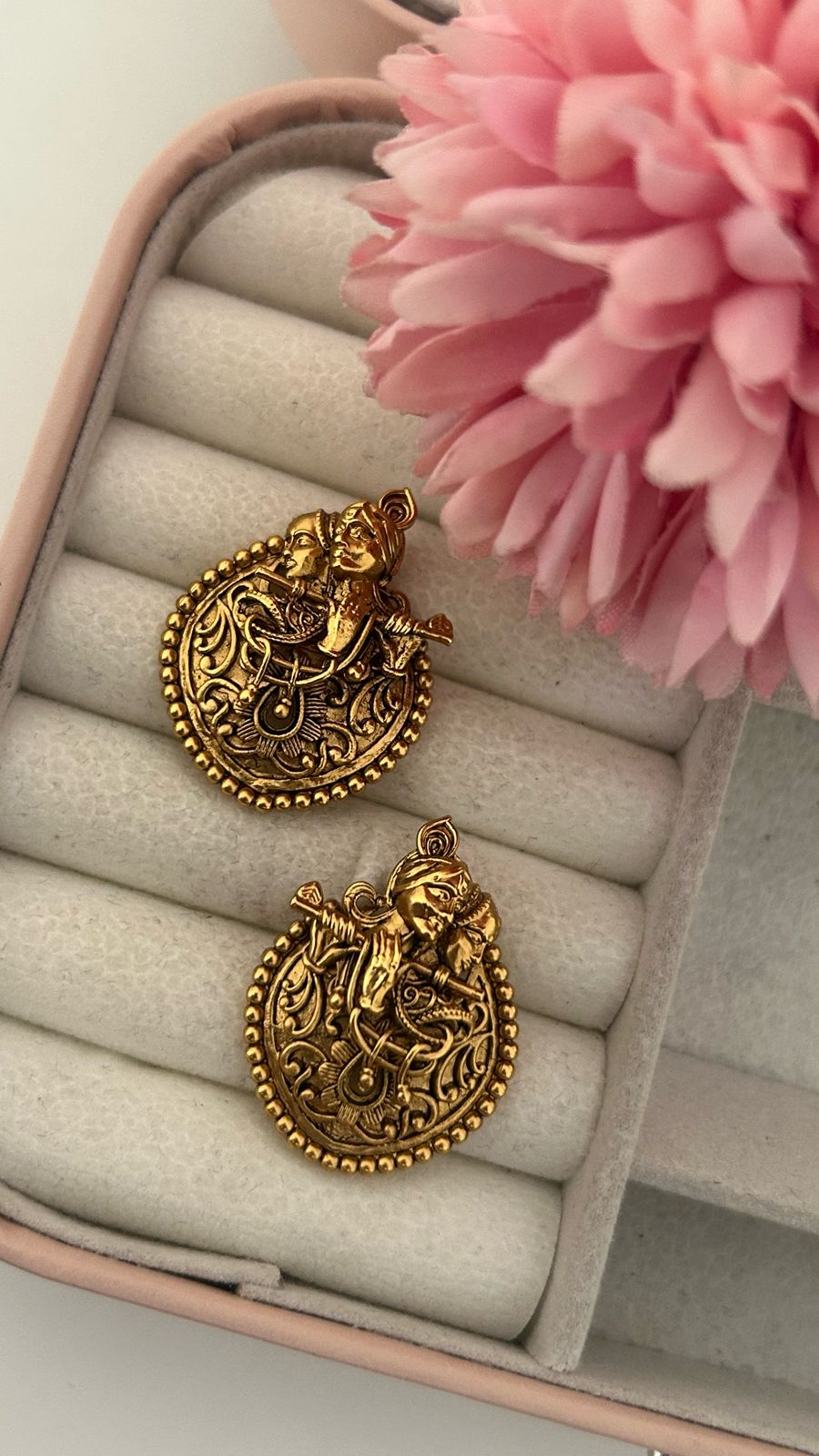 Antique Gold-Plated Radha Krishna Earrings – Traditional Indian Temple Jewelry Design