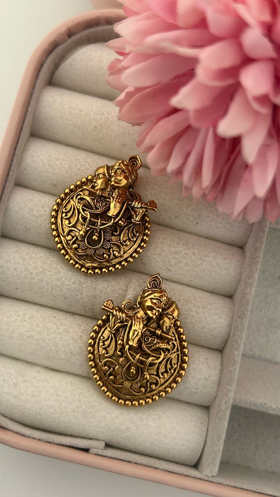 Antique Gold-Plated Radha Krishna Earrings – Traditional Indian Temple Jewelry Design