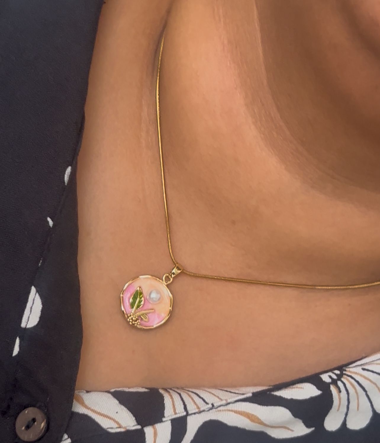 Round Floral Pendant Necklace with Pearl Accent