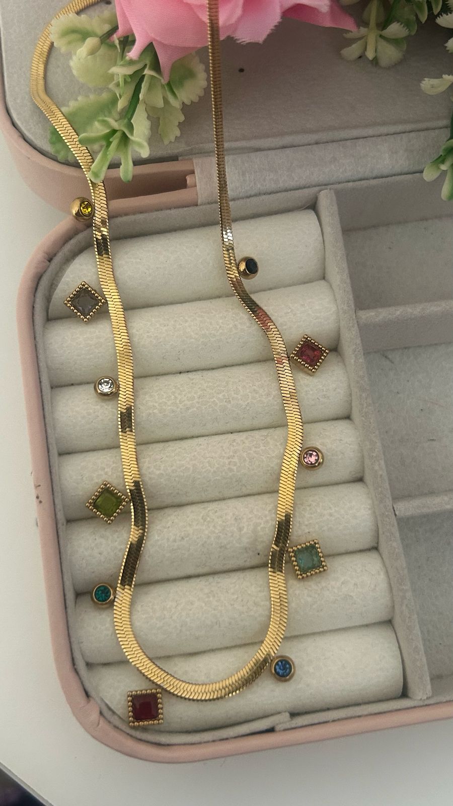 Gold-Plated Multicolor Stone Necklace – Elegant & Lightweight Design