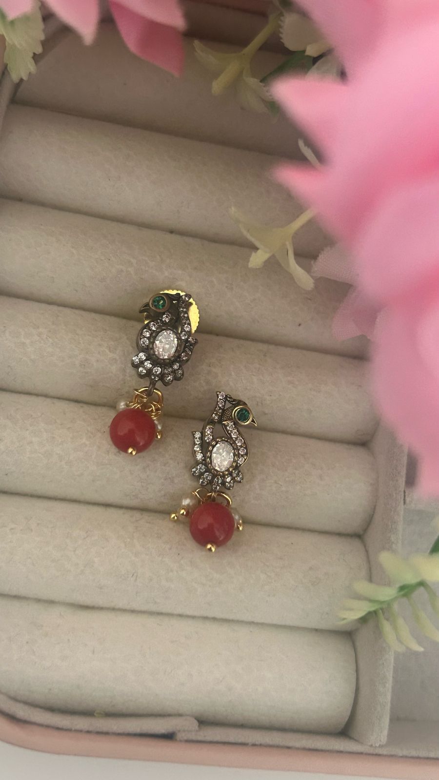 Peacock studs with green bead drop in Victroian polish