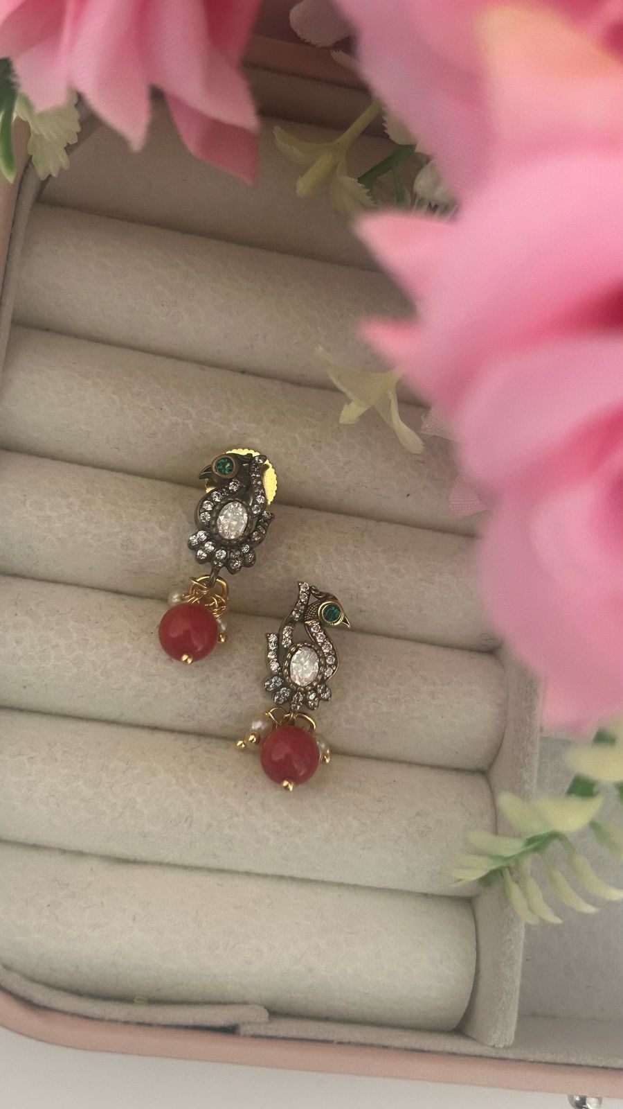 Peacock studs with green bead drop in Victroian polish