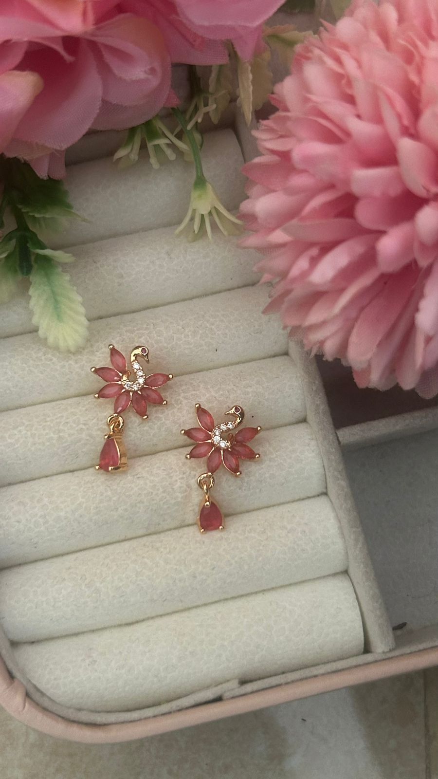 Peonika Pink Peacock Design Earrings – Elegant Gold-Plated Drop for Women