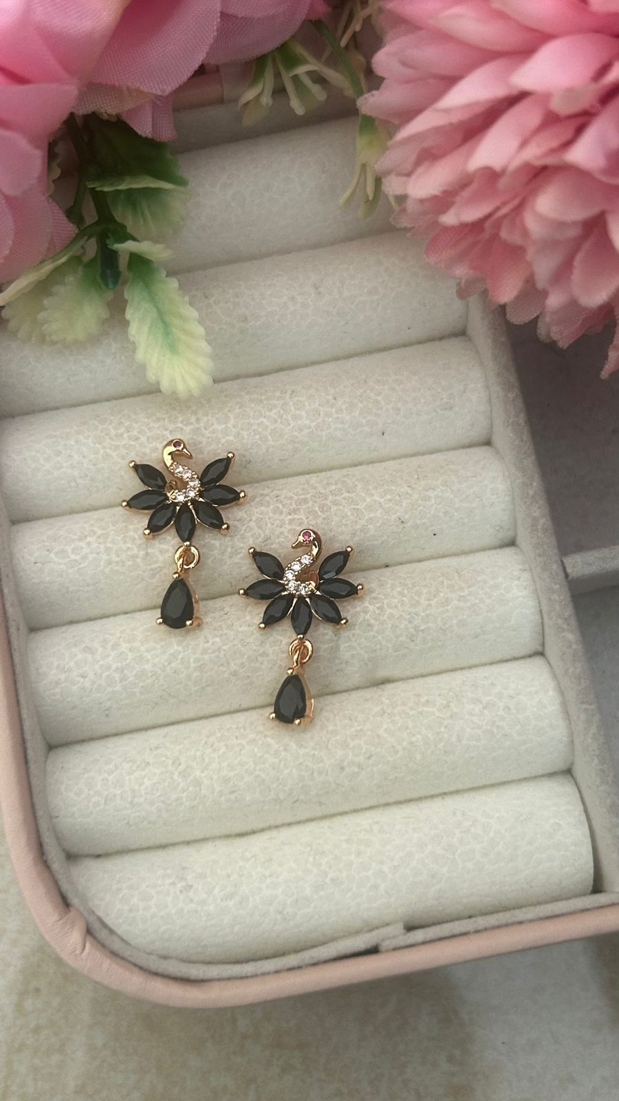 Peonika Pink Peacock Design Earrings – Elegant Gold-Plated Drop for Women