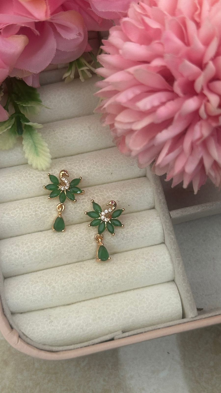 Peonika Pink Peacock Design Earrings – Elegant Gold-Plated Drop for Women