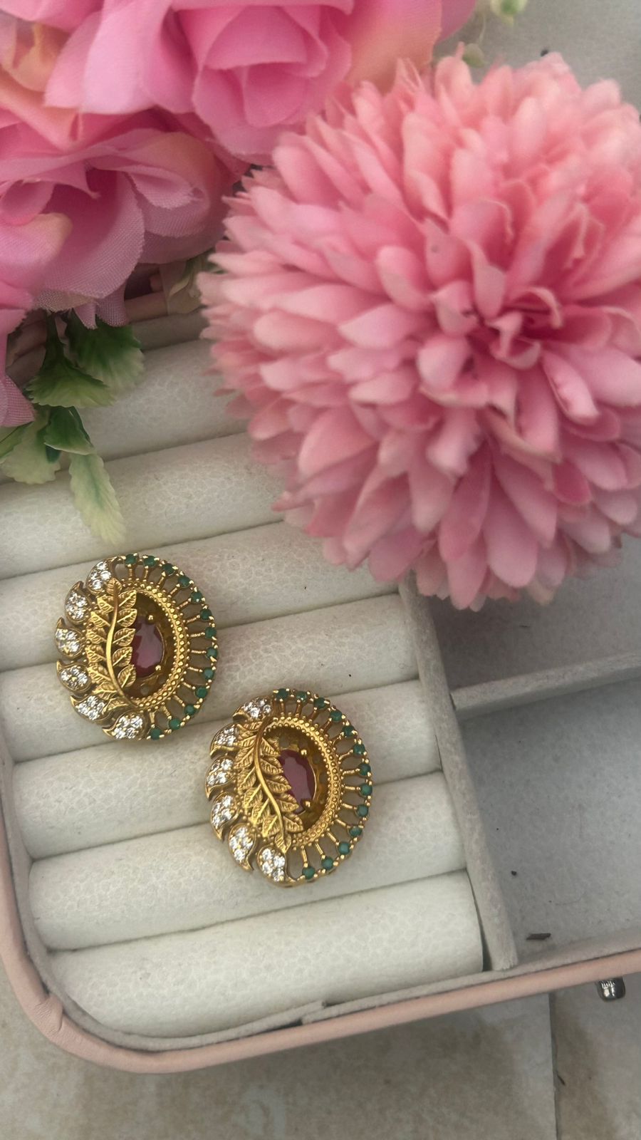 Antique Leaf Stud Earrings – Gold-Plated Ethnic Earrings with Ruby Center & Green Crystal Accents for Women
