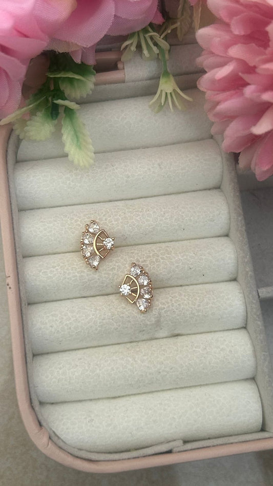 Fan-Shaped Stud Earrings – Gold Plated Crystal Accent Designer Earrings for Women & Girls