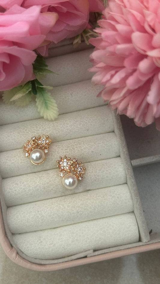 Floral Pearl Stud Earrings – Gold Plated Earrings with Crystal Accents & Round Pearl for Women and Girls