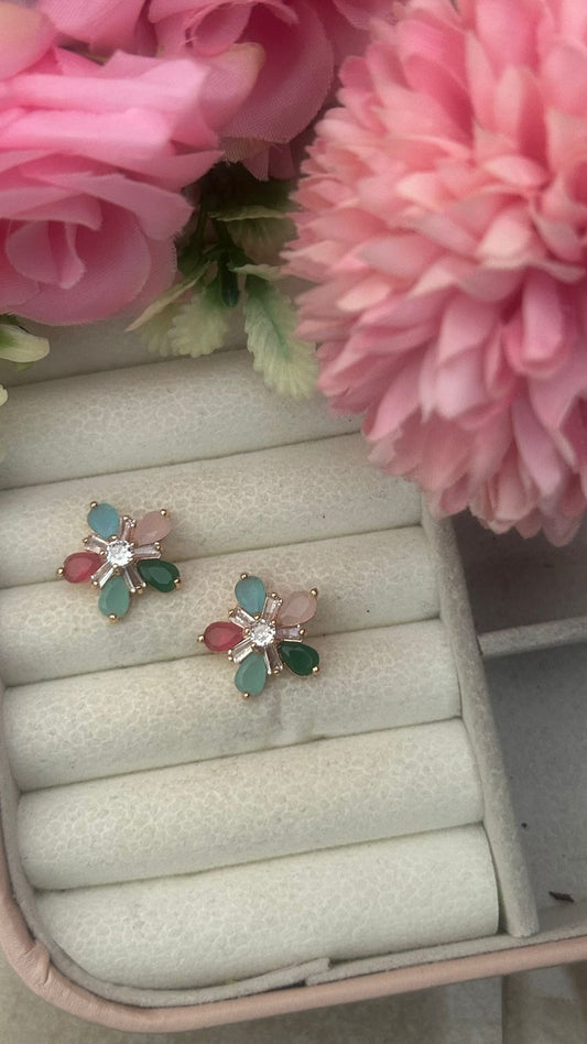 Multicolor Floral Stud Earrings – Gold-Plated Petal Design with White CZ Center for Women & Girls