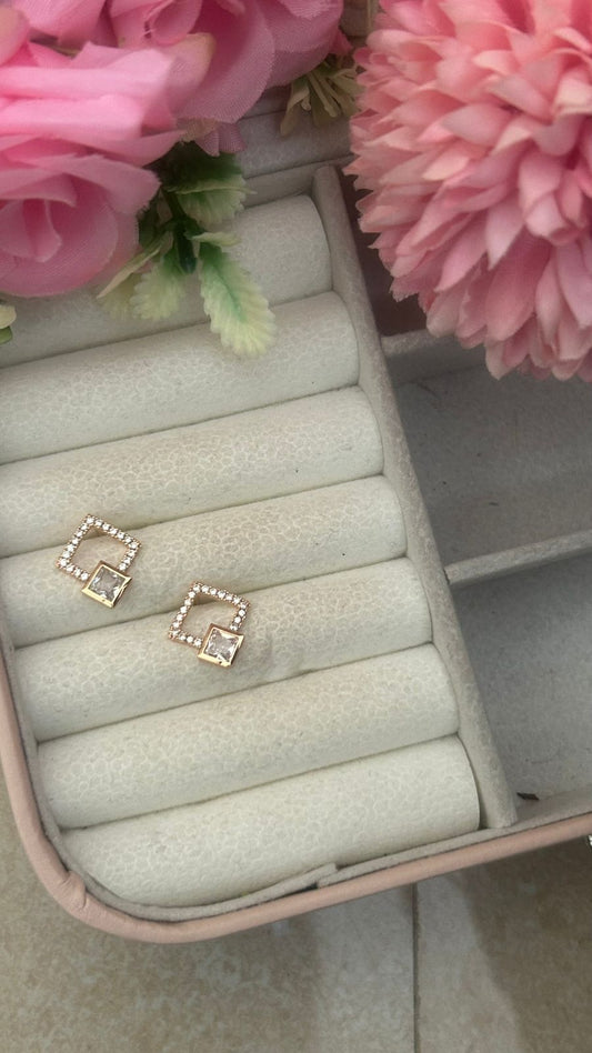 Geometric Glam Square Stud Earrings – Gold-Plated Crystal Accents for Daily & Party Wear1